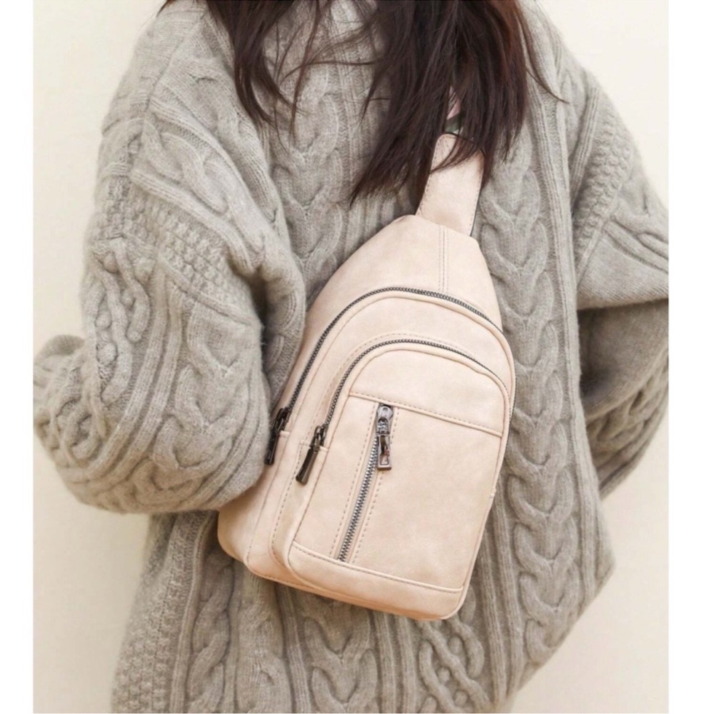 Luxe Beige Vegan Leather Zip up Crossbody Back Pack Bag